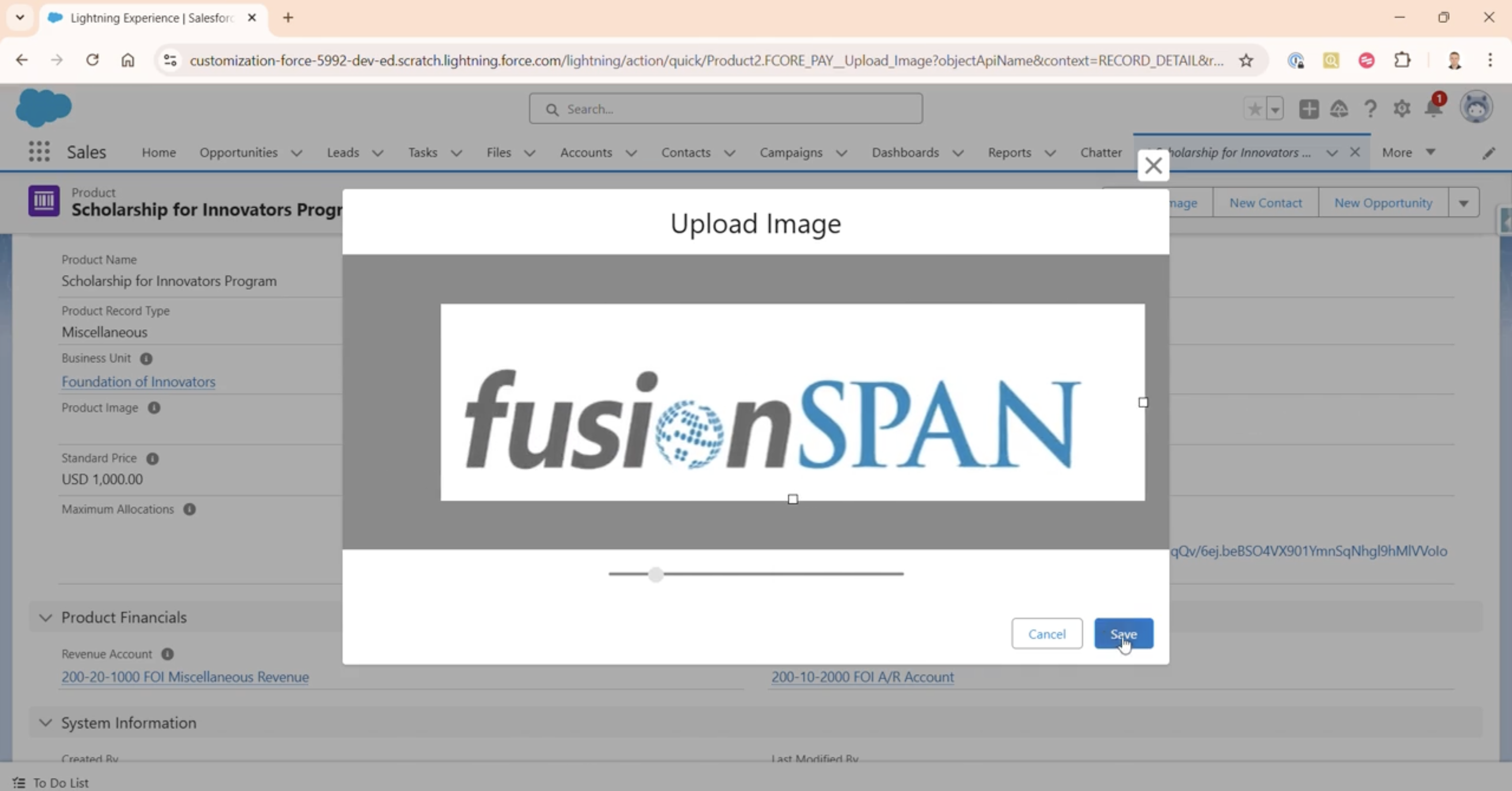 The image crop tool for a product image