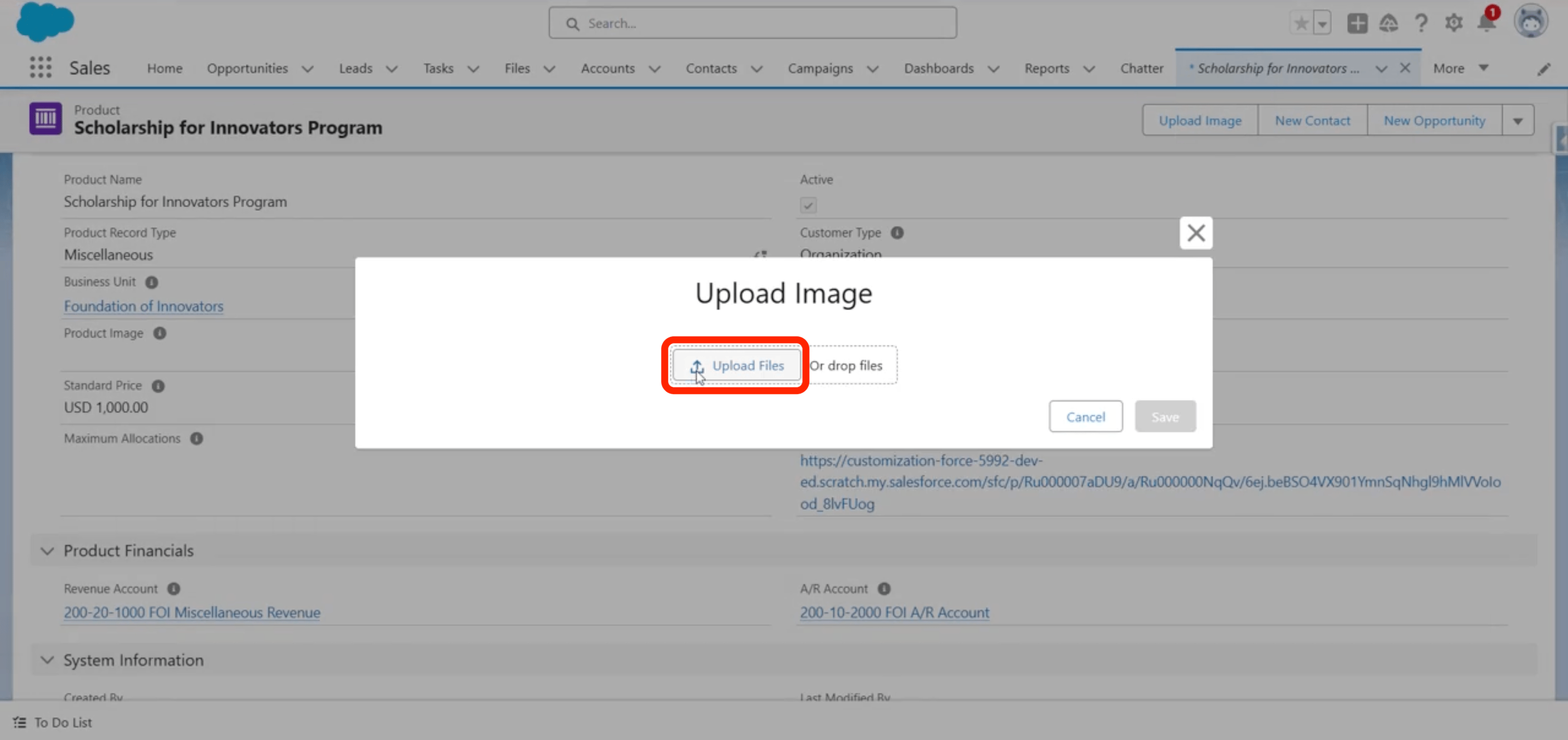 The Upload Files dialog for a product image