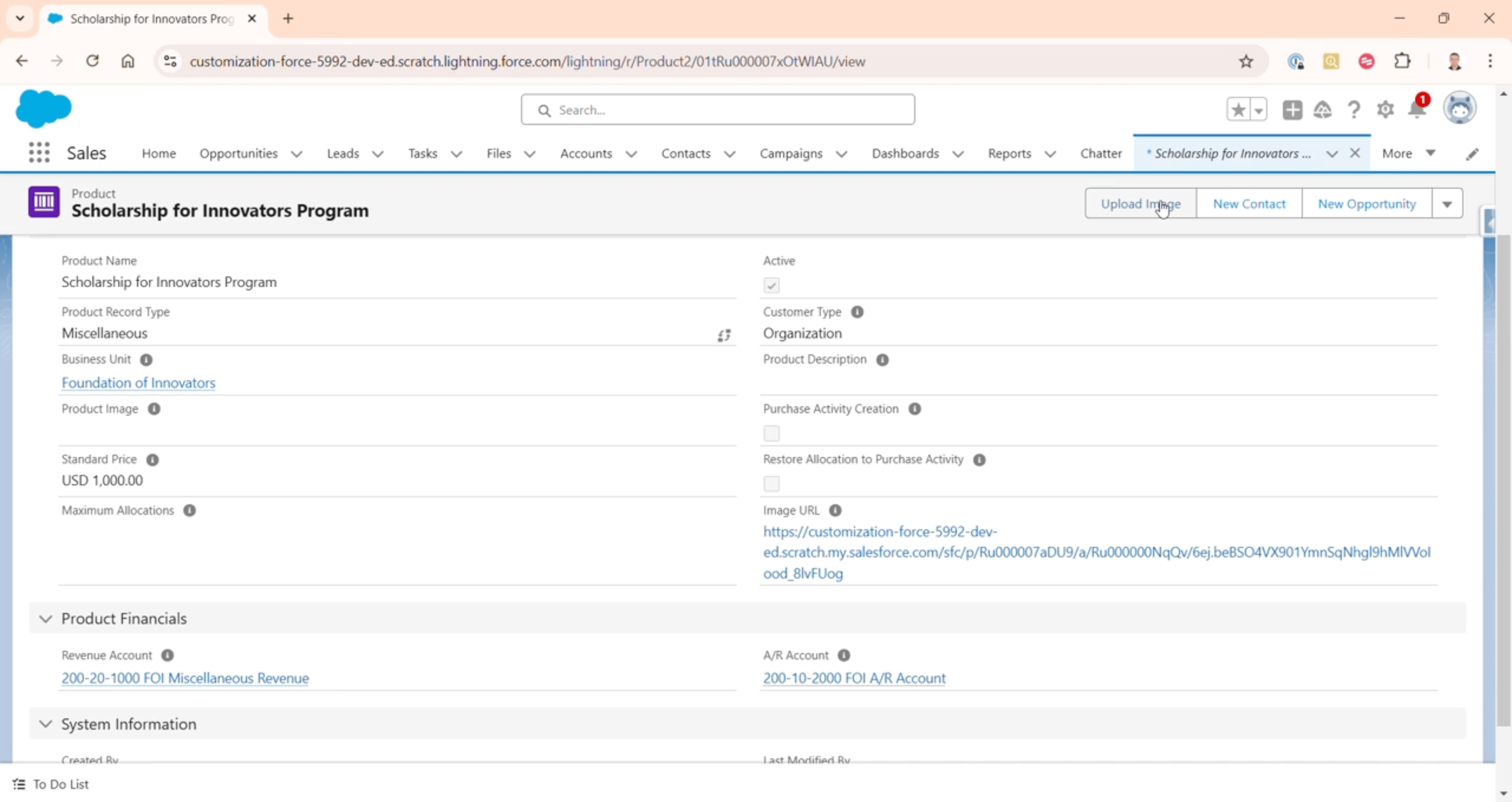 A Product record with the Upload Image button at the top right