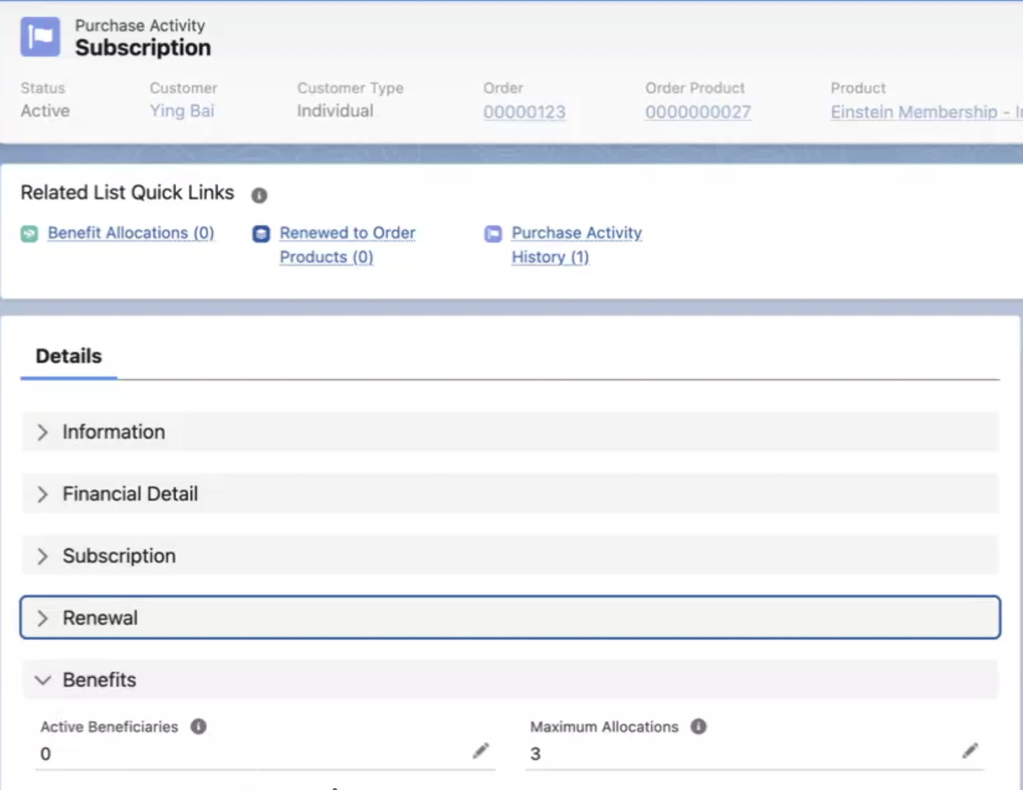 The Benefits section of a Purchase Activity showing the Active Beneficiaries and Maximum Allocations fields