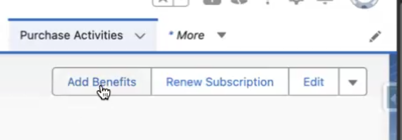 The Add Benefit button at the top right of a Purchase Activity record