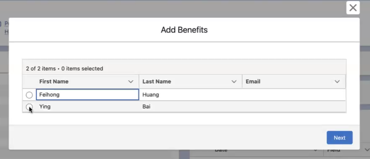 The Add Benefit dialog listing the individuals available to receive the benefit