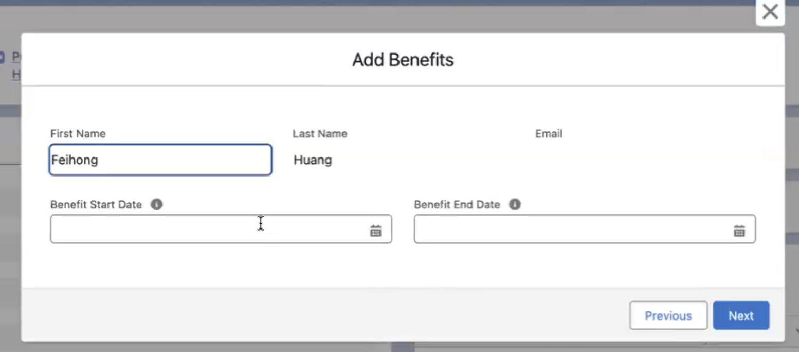 The Add Benefit dialog with the start and end date fields