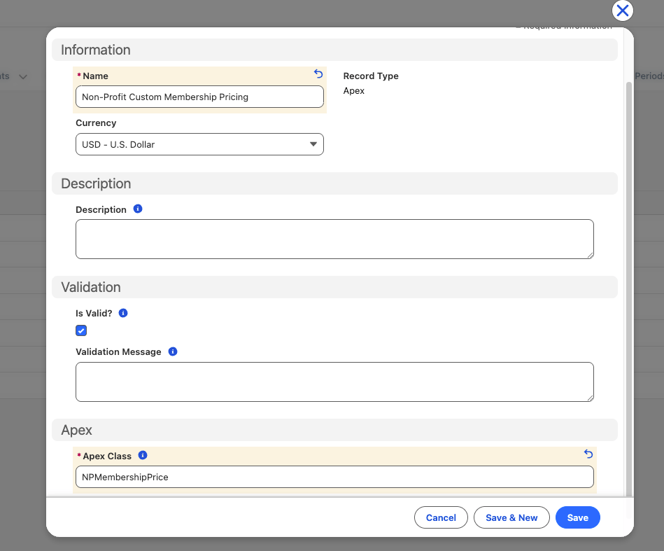 The Apex Condition record showing the Name, Description, and Apex Class fields filled in