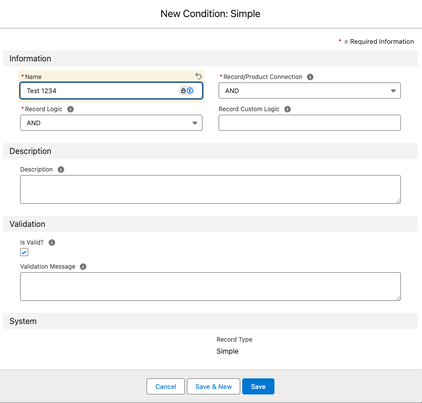 The New Simple Condition form with the Name, Record/Product Connection, Record Logic, and Description fields