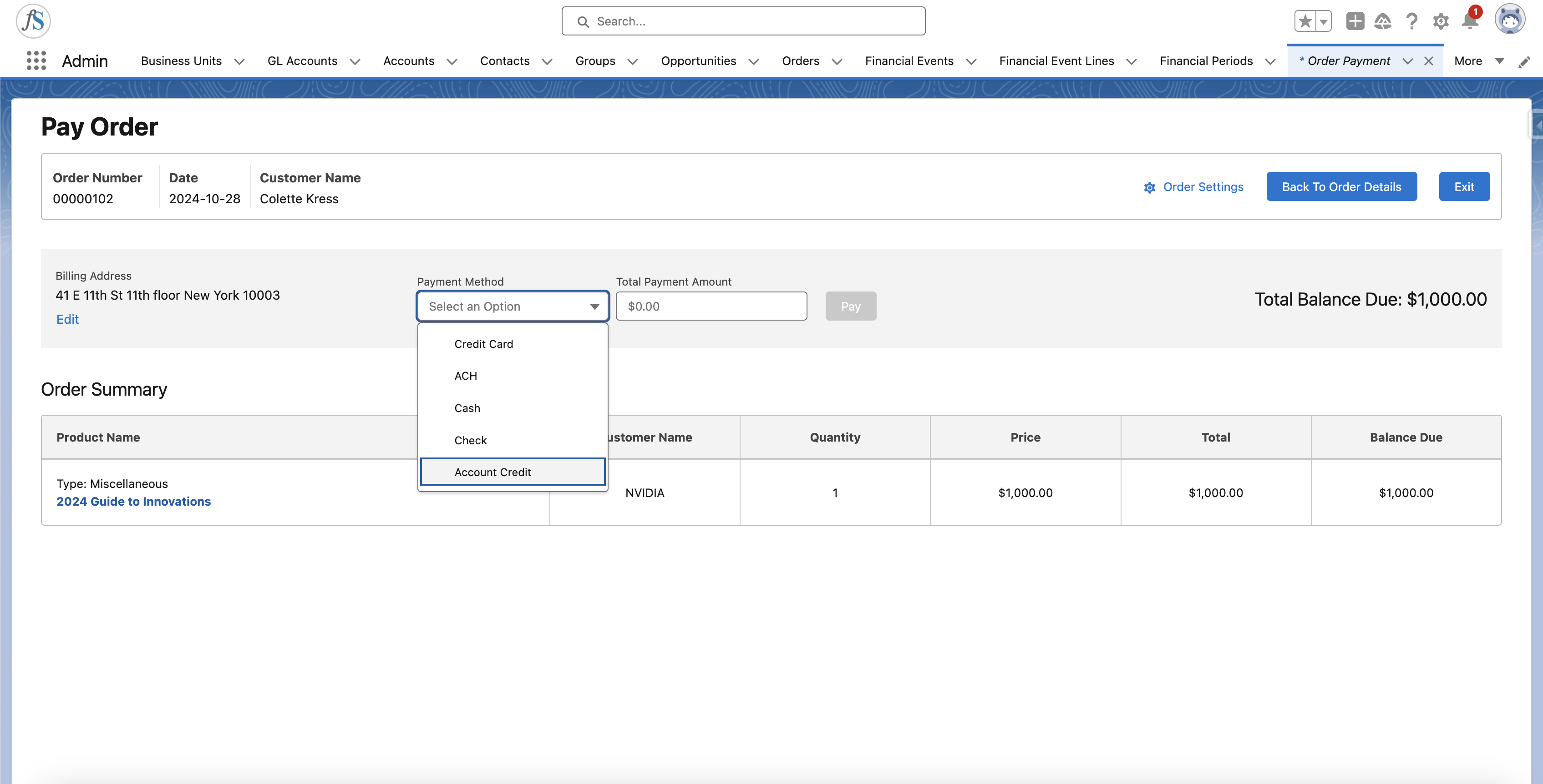 Order Payment screen with Account Credit selected as the payment method