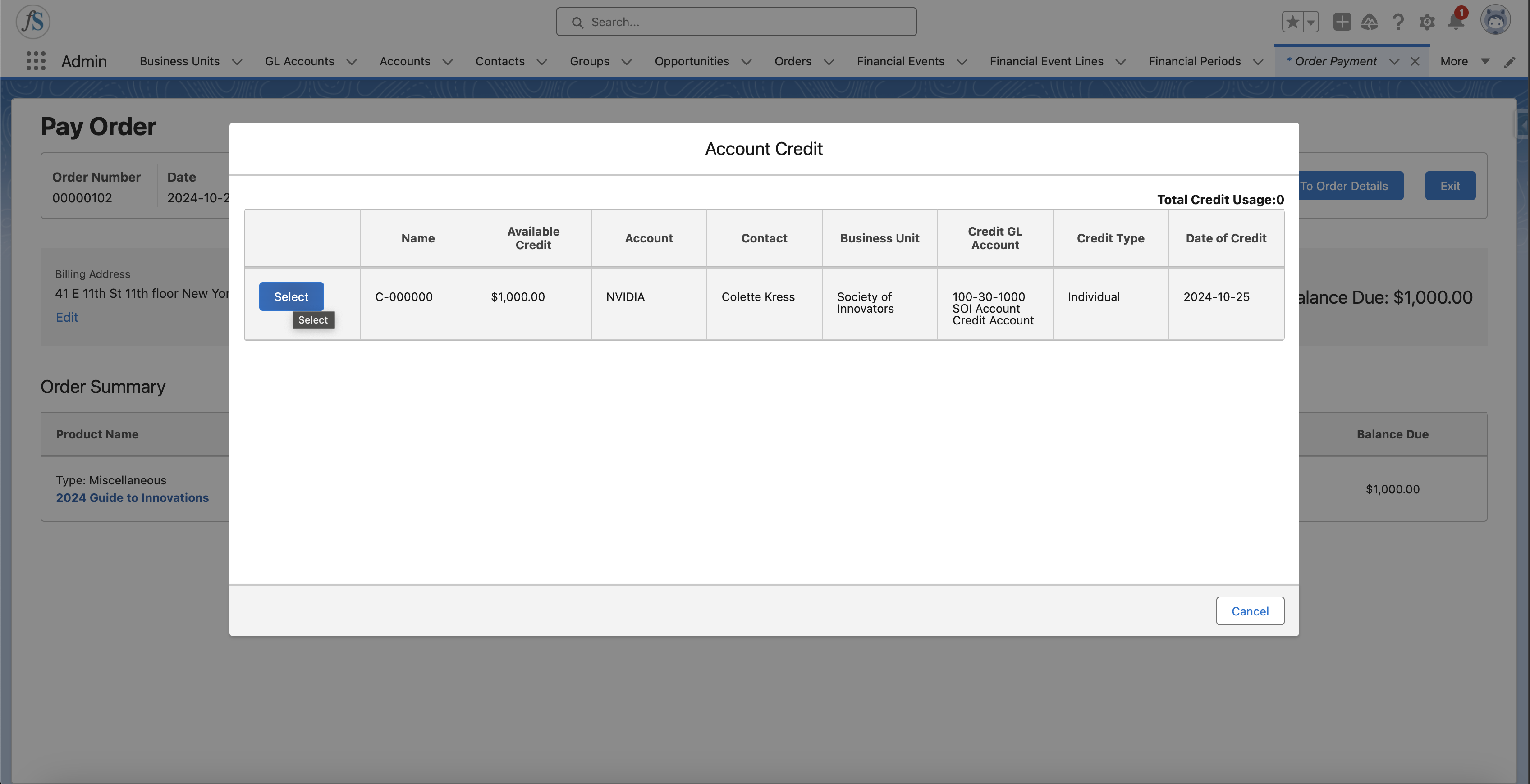 List of Account Credit records available for the order payment