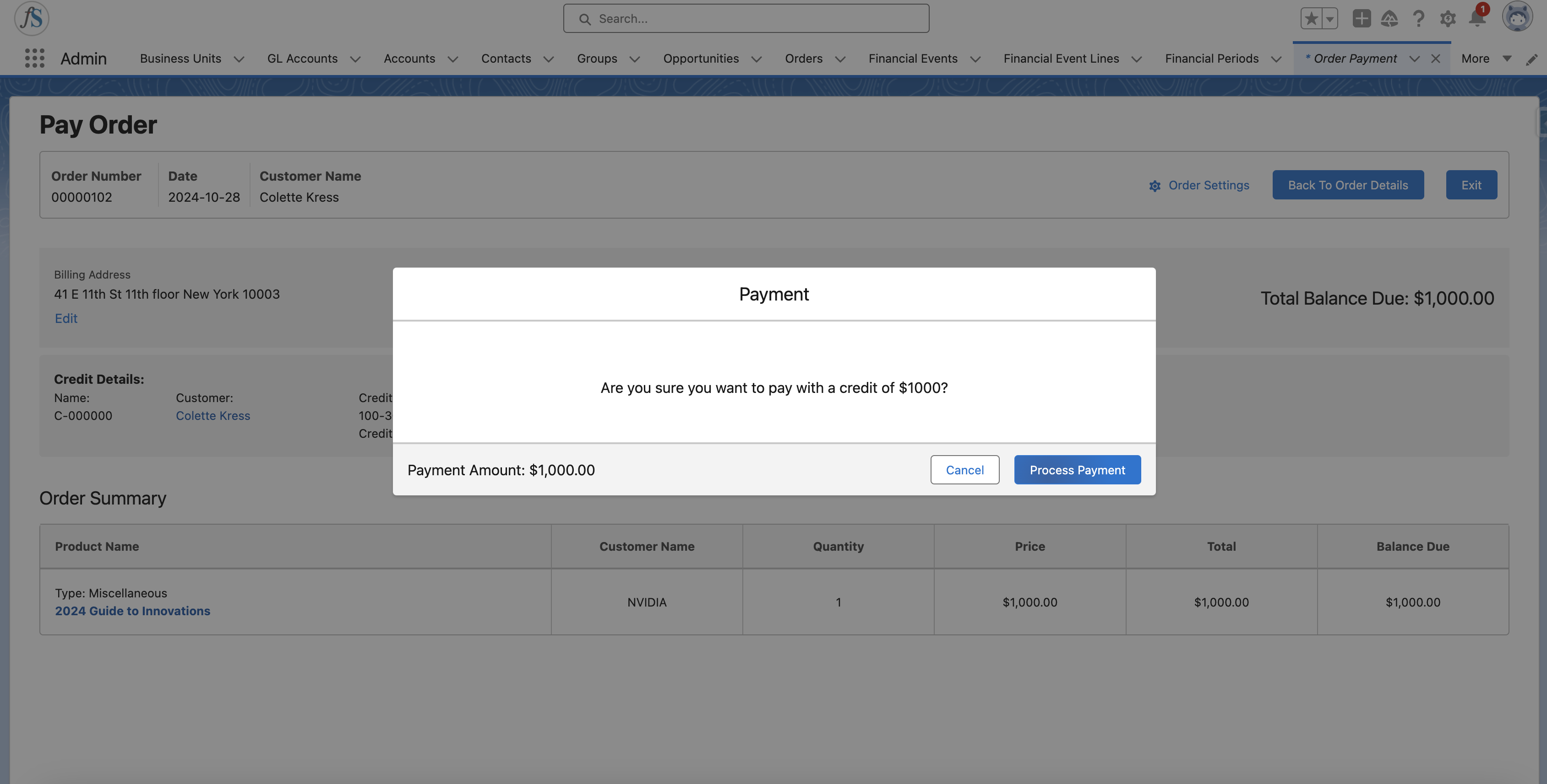 Process Payment step for an Account Credit payment