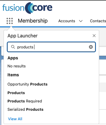 The App Launcher with Products selected