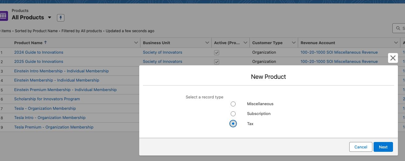 The record type selection dialog with Tax selected