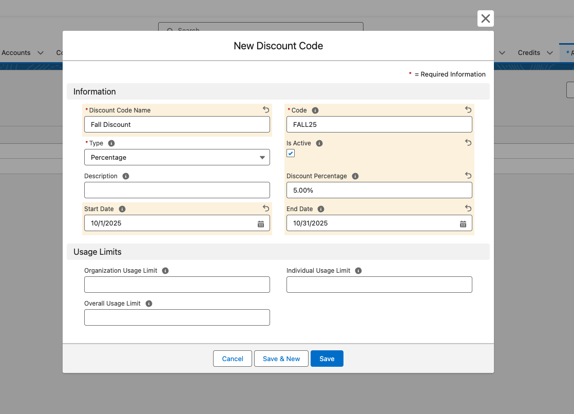 The new Discount Code record with the Name, Discount Percentage, and Code fields filled in