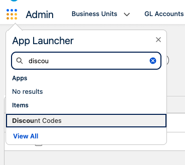 The App Launcher search showing the Discount Codes result