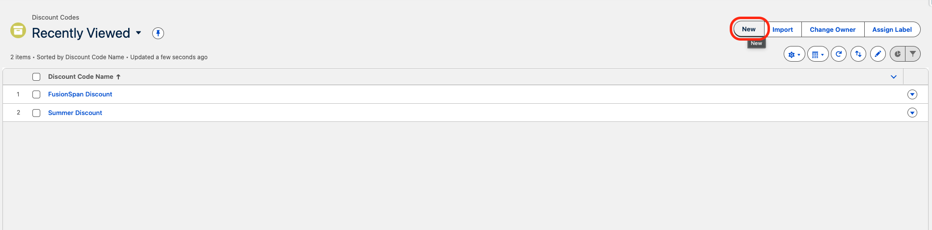 The Discount Codes list view with the New button