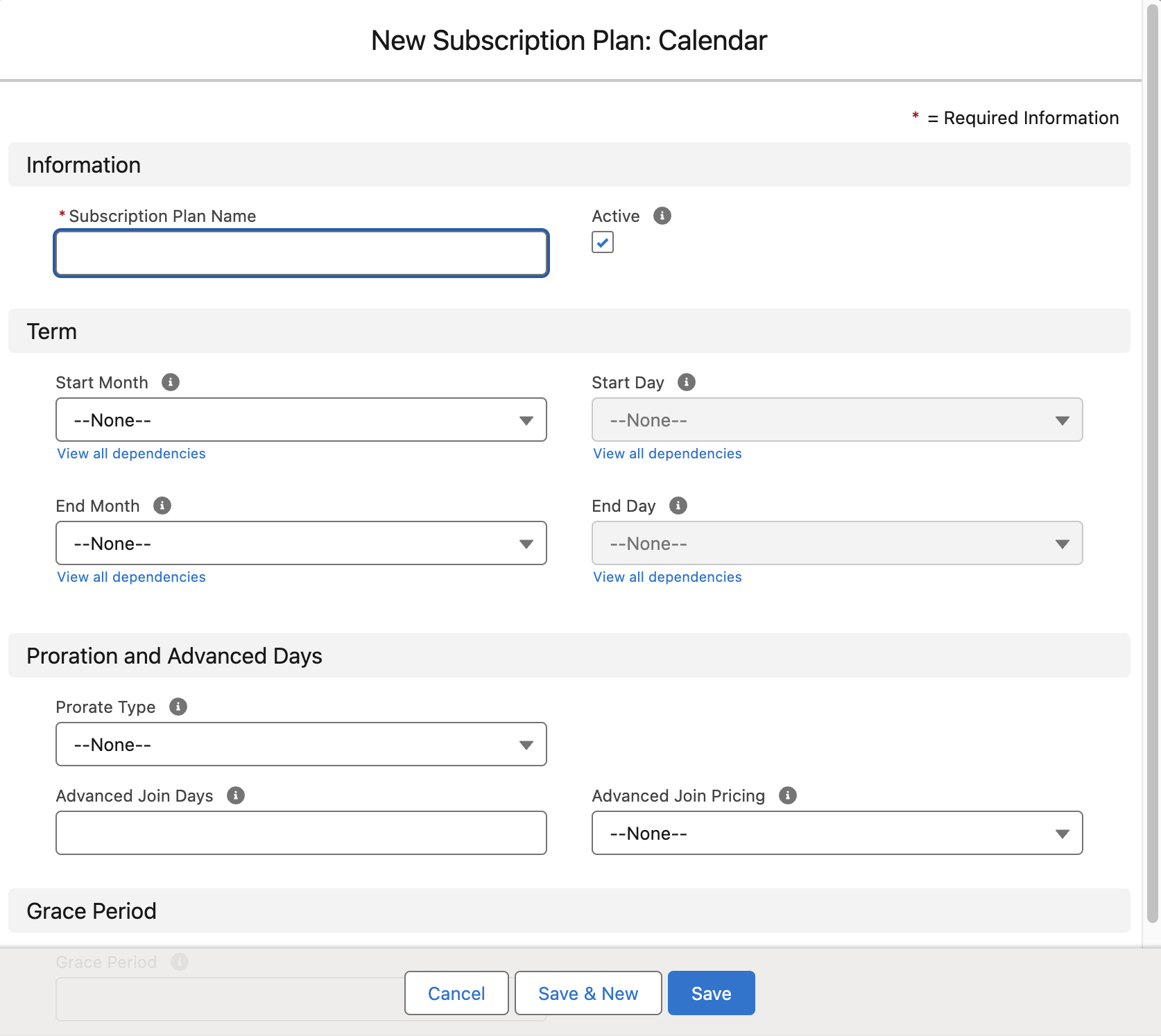 The new Calendar Subscription Plan form with the information fields filled in