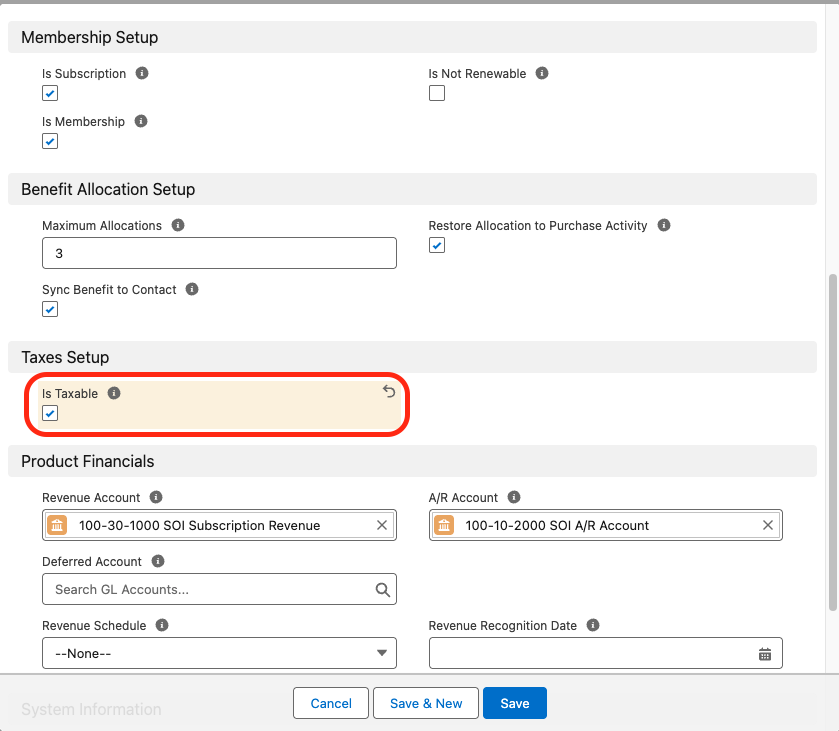 A Product record with the Is Taxable checkbox selected