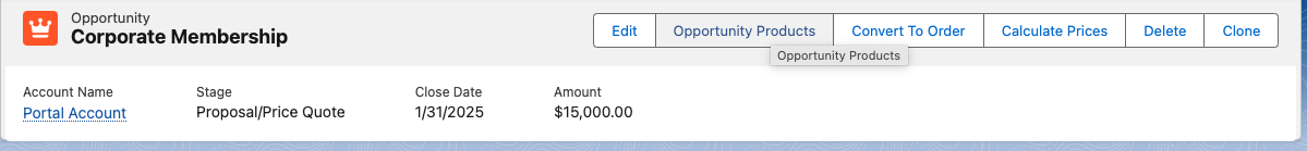 Opportunity Products button at the top right of an Opportunity