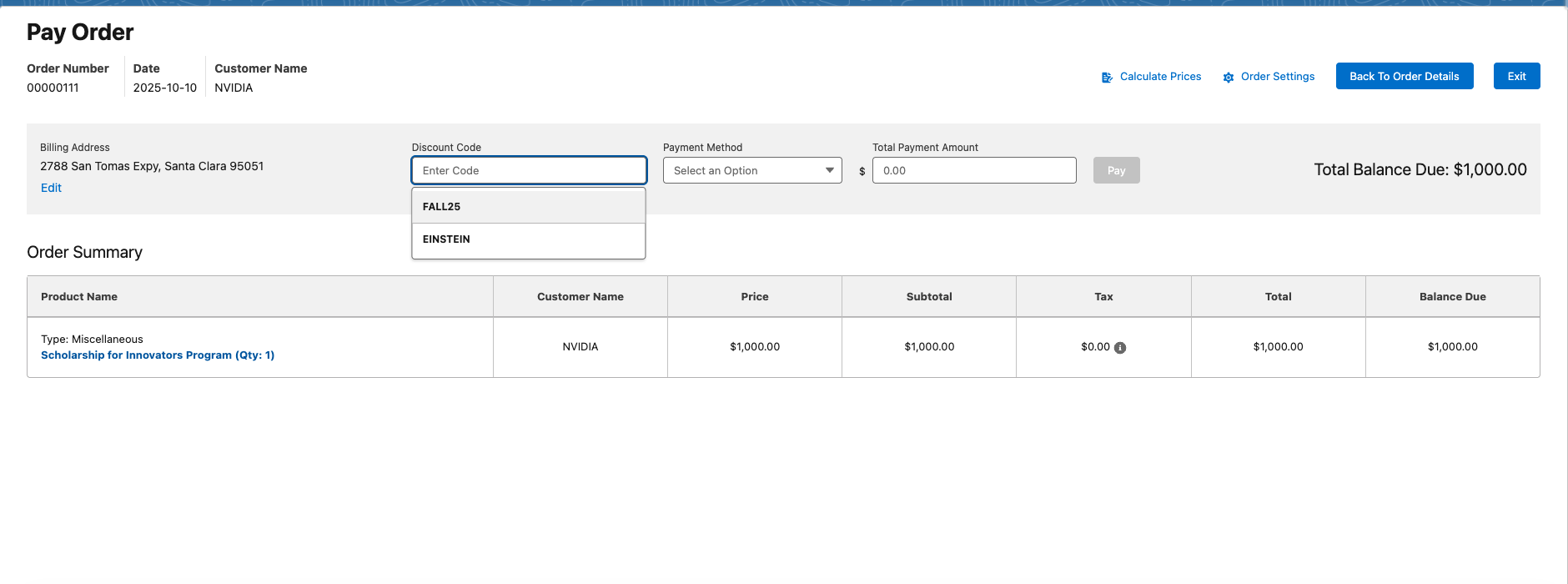 The Pay Order modal with the Discount Code field