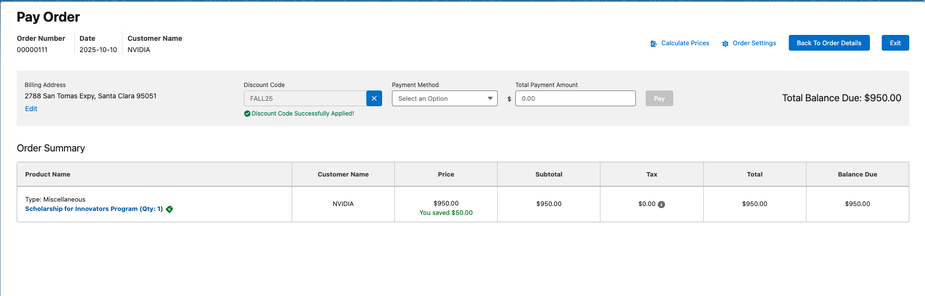 The Pay Order modal showing the applied Discount Code