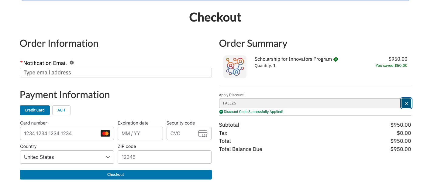 The Portal checkout showing the applied discount in the order total