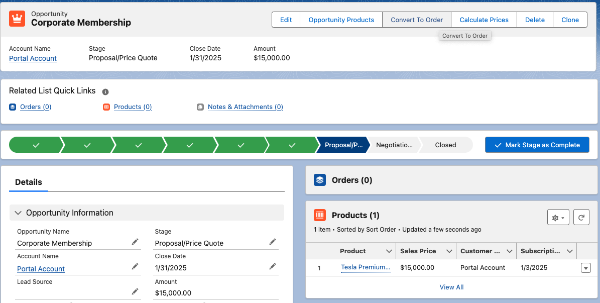 An Opportunity record showing its Opportunity Information and related products