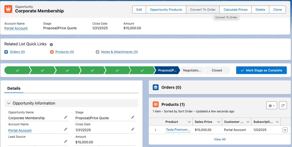 An Opportunity record showing its Opportunity Information and related products