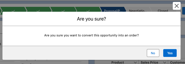 The Convert To Order modal launched from the Opportunity