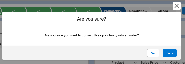 The Convert To Order modal launched from the Opportunity