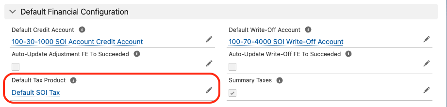 The Default Financial Configuration section of a Business Unit with the Default Tax Product lookup set