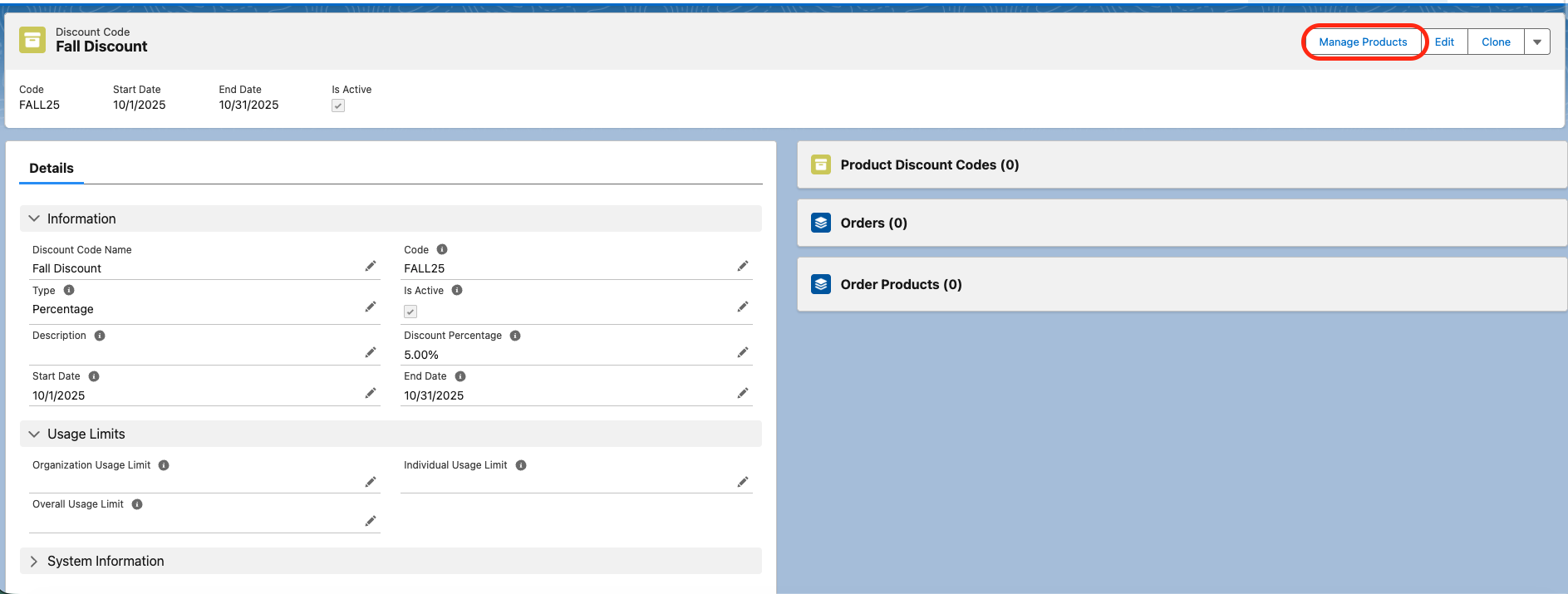 A Discount Code record with the Manage Products button