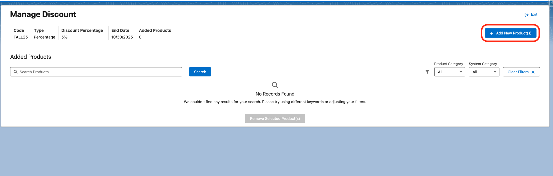 The Manage Products component with the Add New Products button