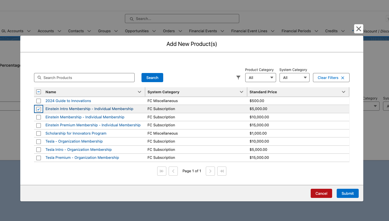 The product selection dialog with products selected and the Submit button