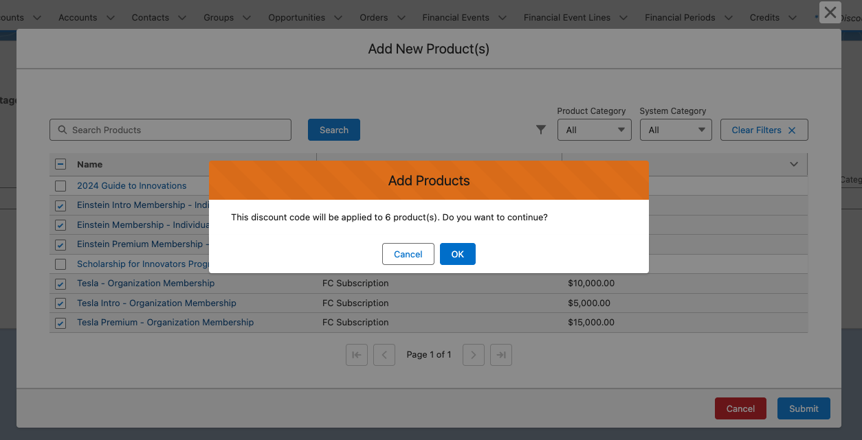 The popup confirmation with the OK button after products are added