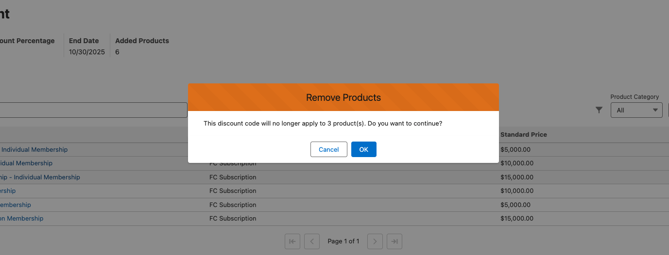The popup confirmation message with the OK button after products are removed