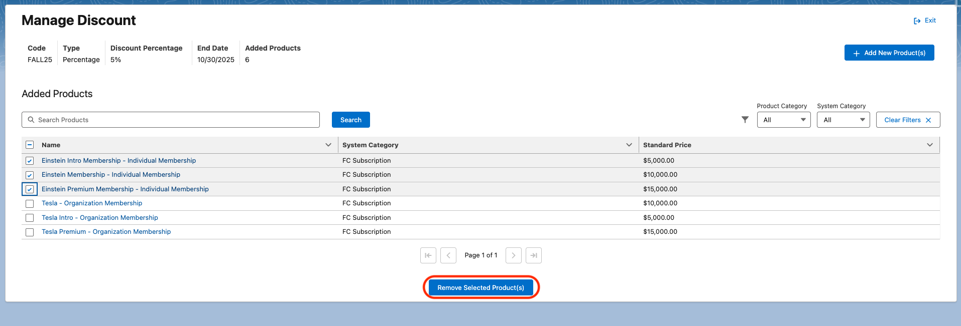 The Manage Products component with products selected and the Remove Selected Products button