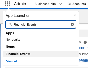 App Launcher search showing the Financial Events result