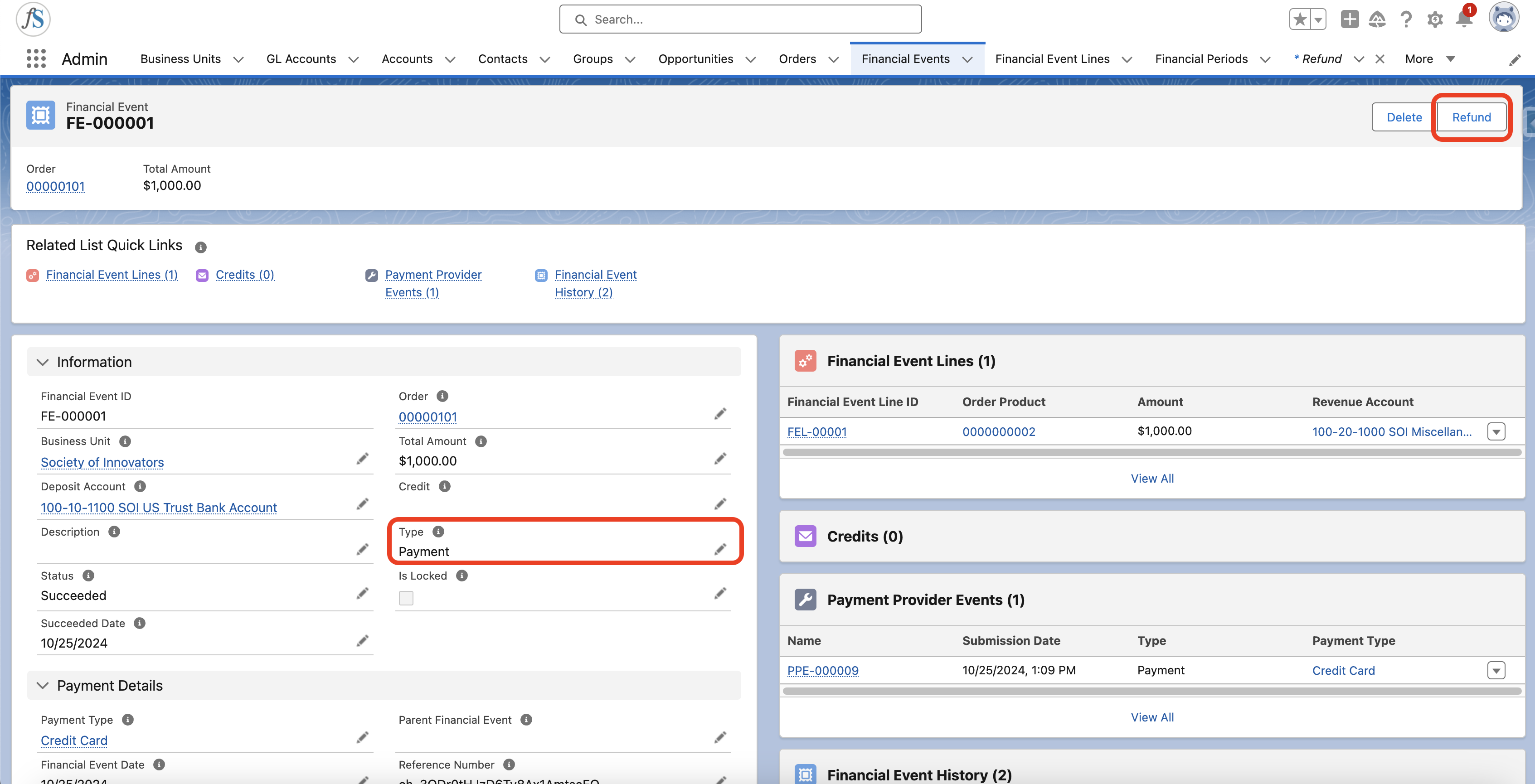 Refund button at the top right of a Financial Event detail page