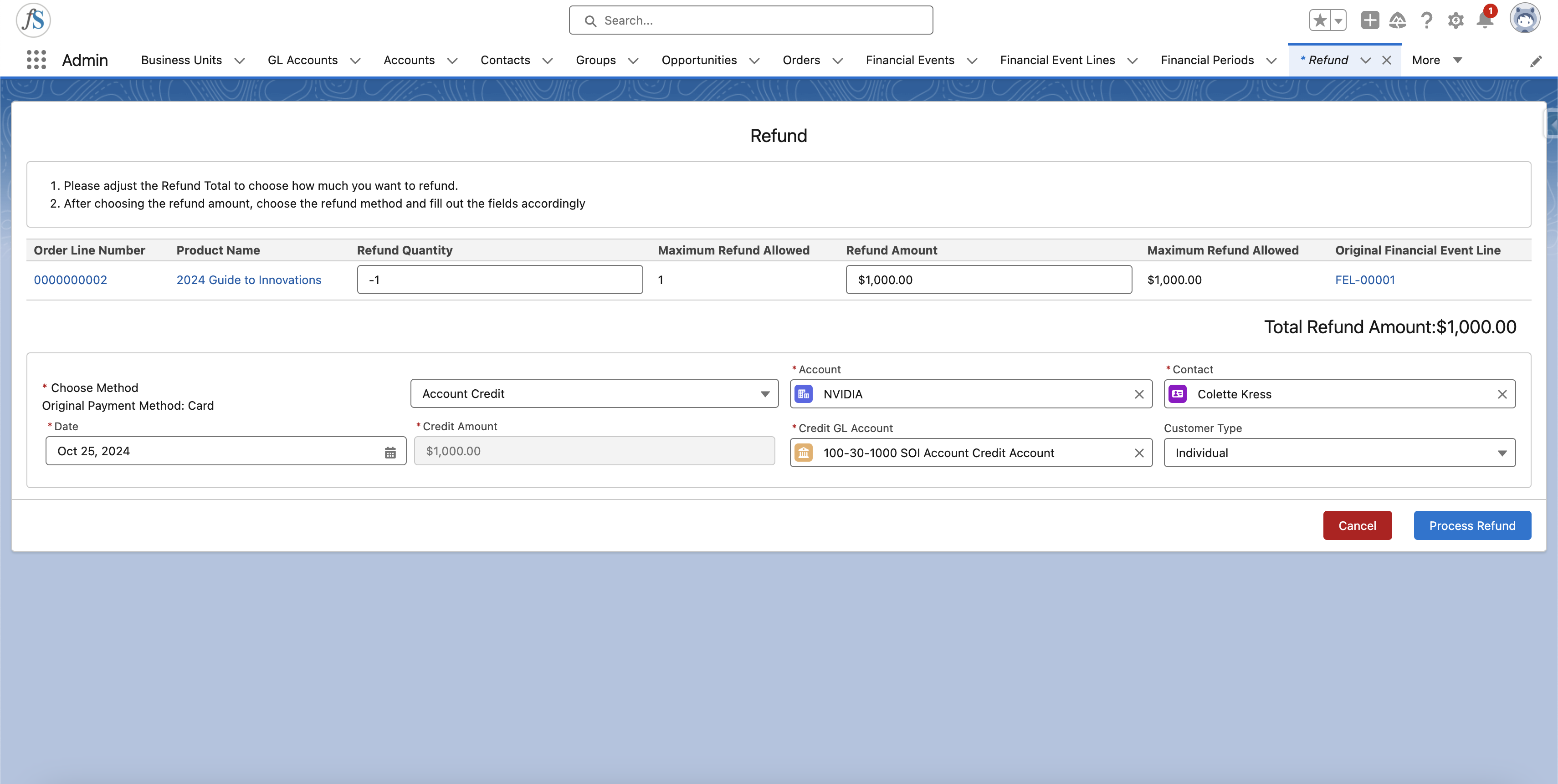 Refund screen with Account Credit selected as the method