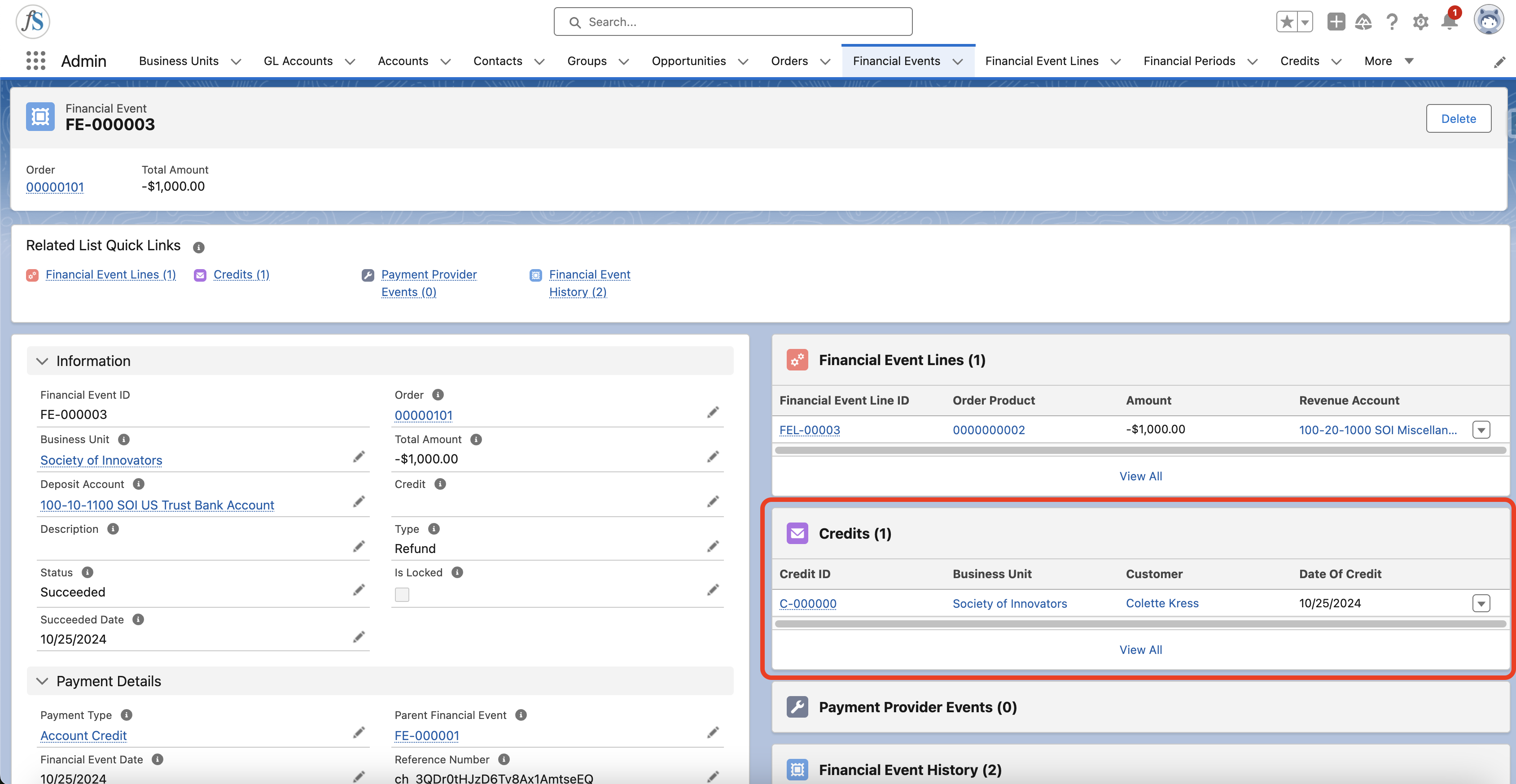 Account Credit record created after approving the refund