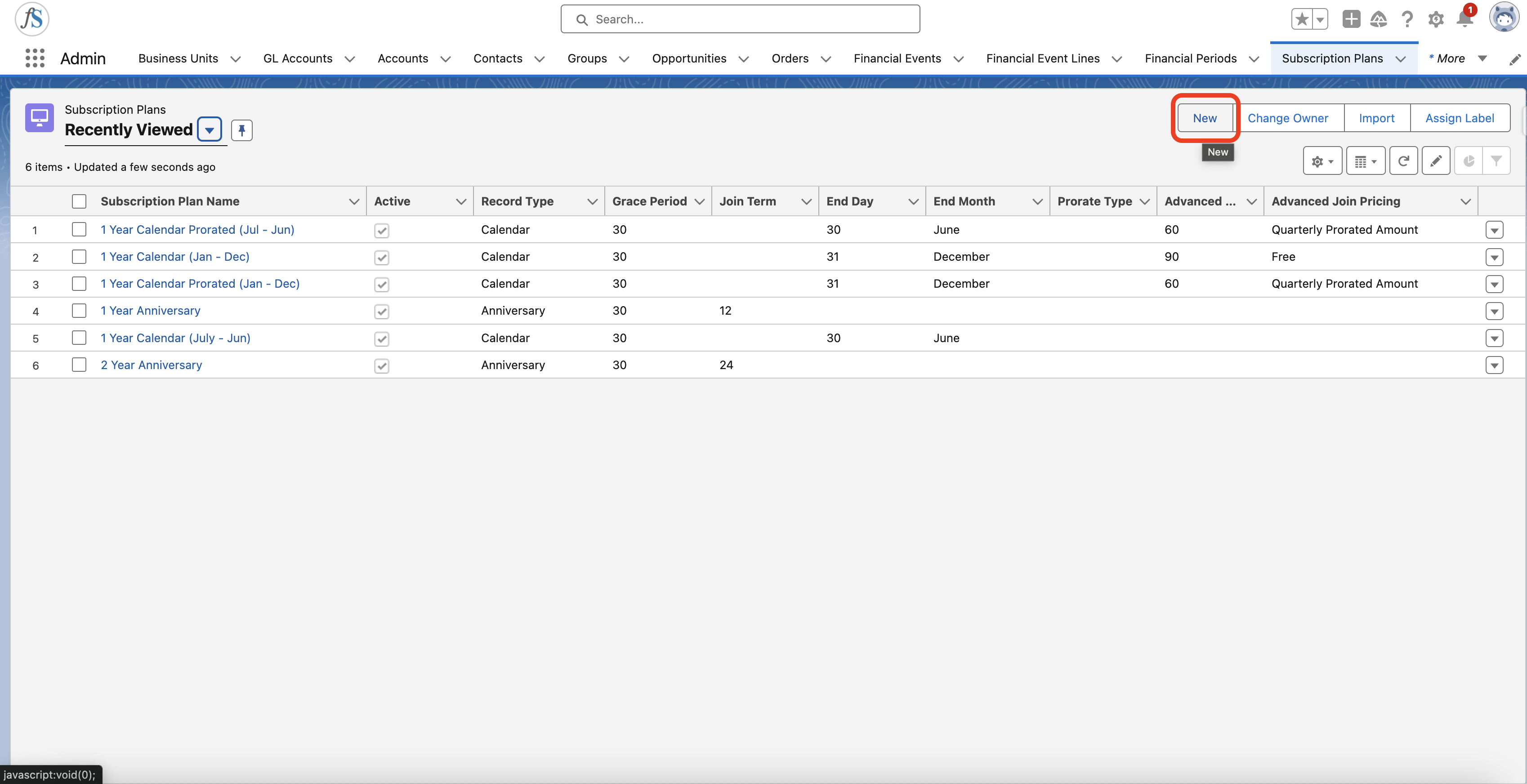 The New button at the top right of the Subscription Plans list view