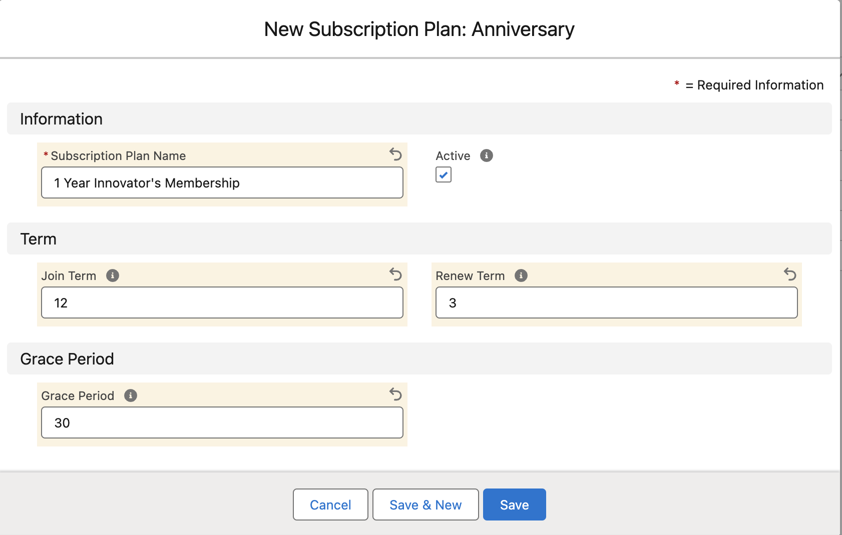 The new Anniversary Subscription Plan form with the information fields filled in