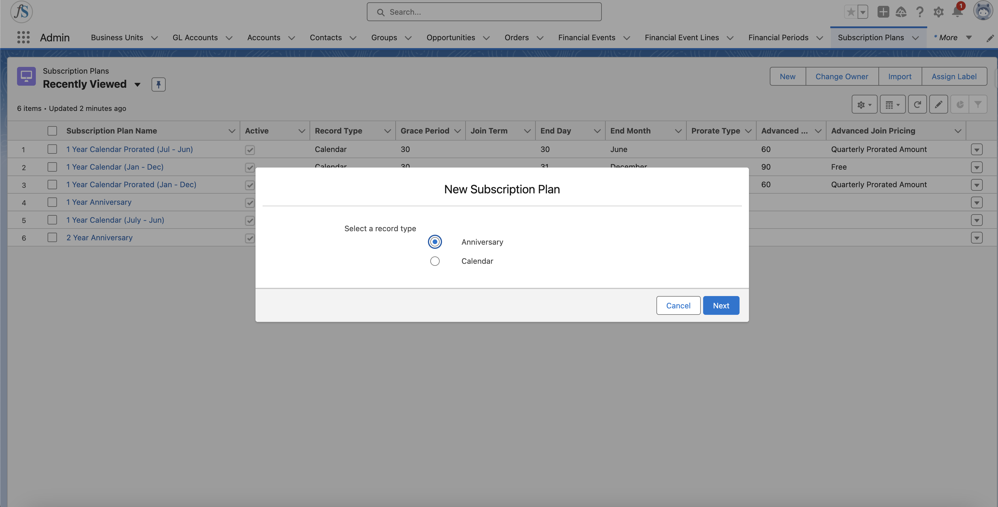 The record type selection dialog with Anniversary chosen