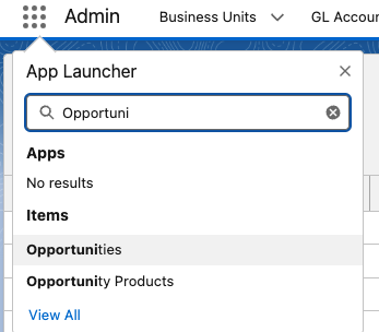 The App Launcher search showing the Opportunities result