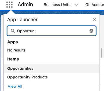 The App Launcher search showing the Opportunities result