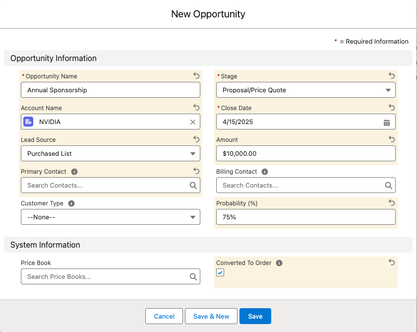 The new Opportunity record with the Opportunity Information fields filled in