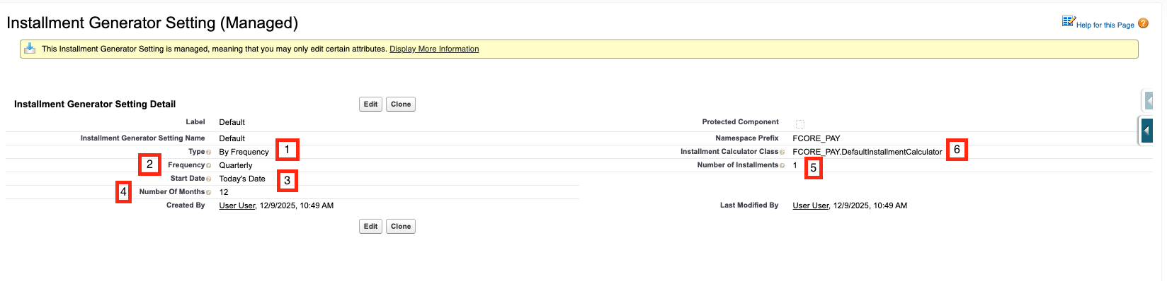 Default Installment Generator Setting record