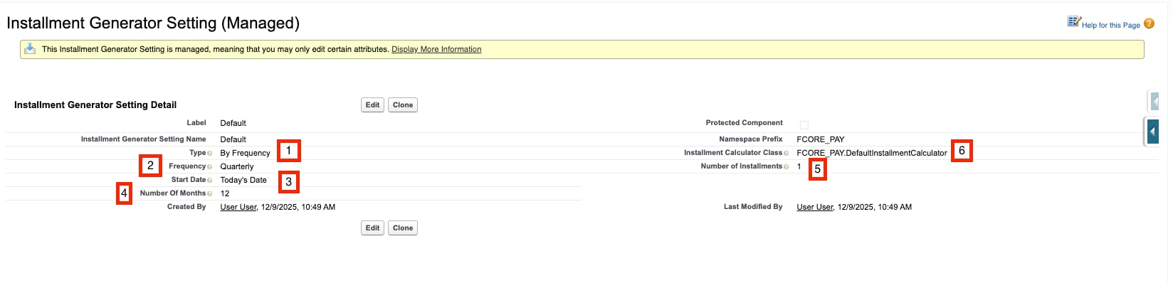 Default Installment Generator Setting record