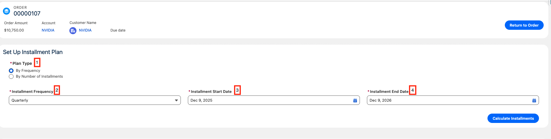 Field values on the Default Installment Generator Setting record