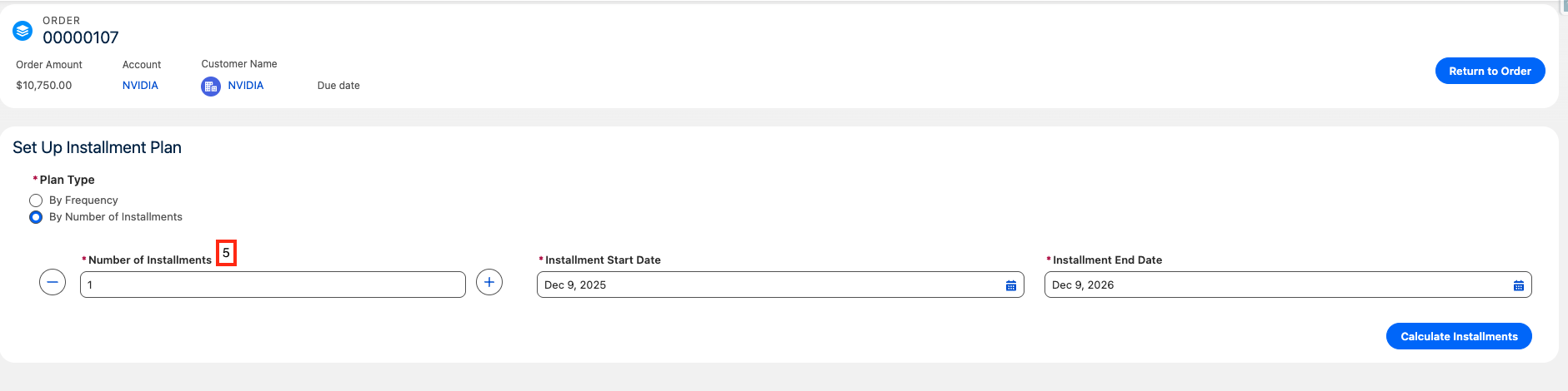 Additional field values on the Default Installment Generator Setting record