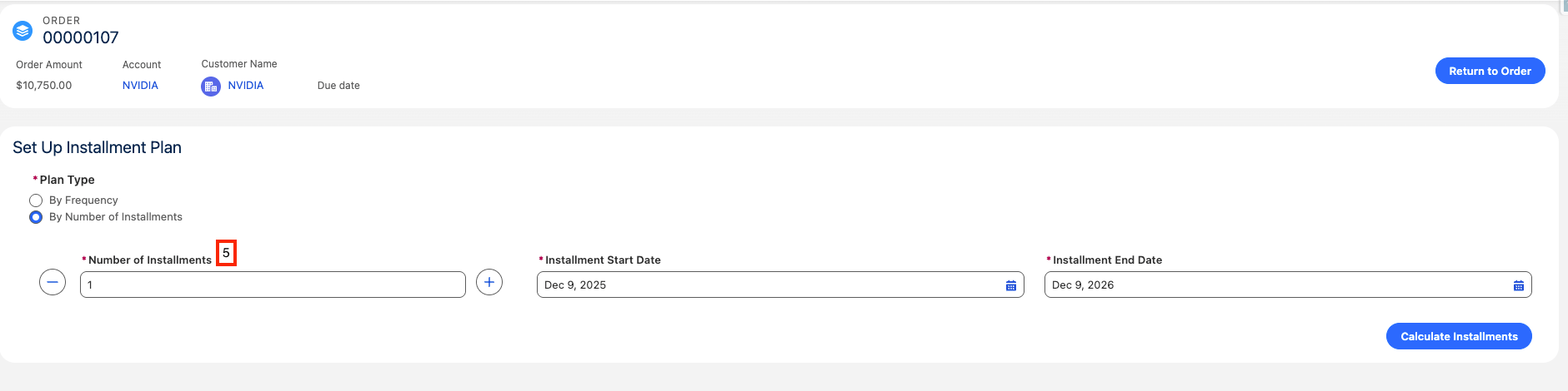 Additional field values on the Default Installment Generator Setting record