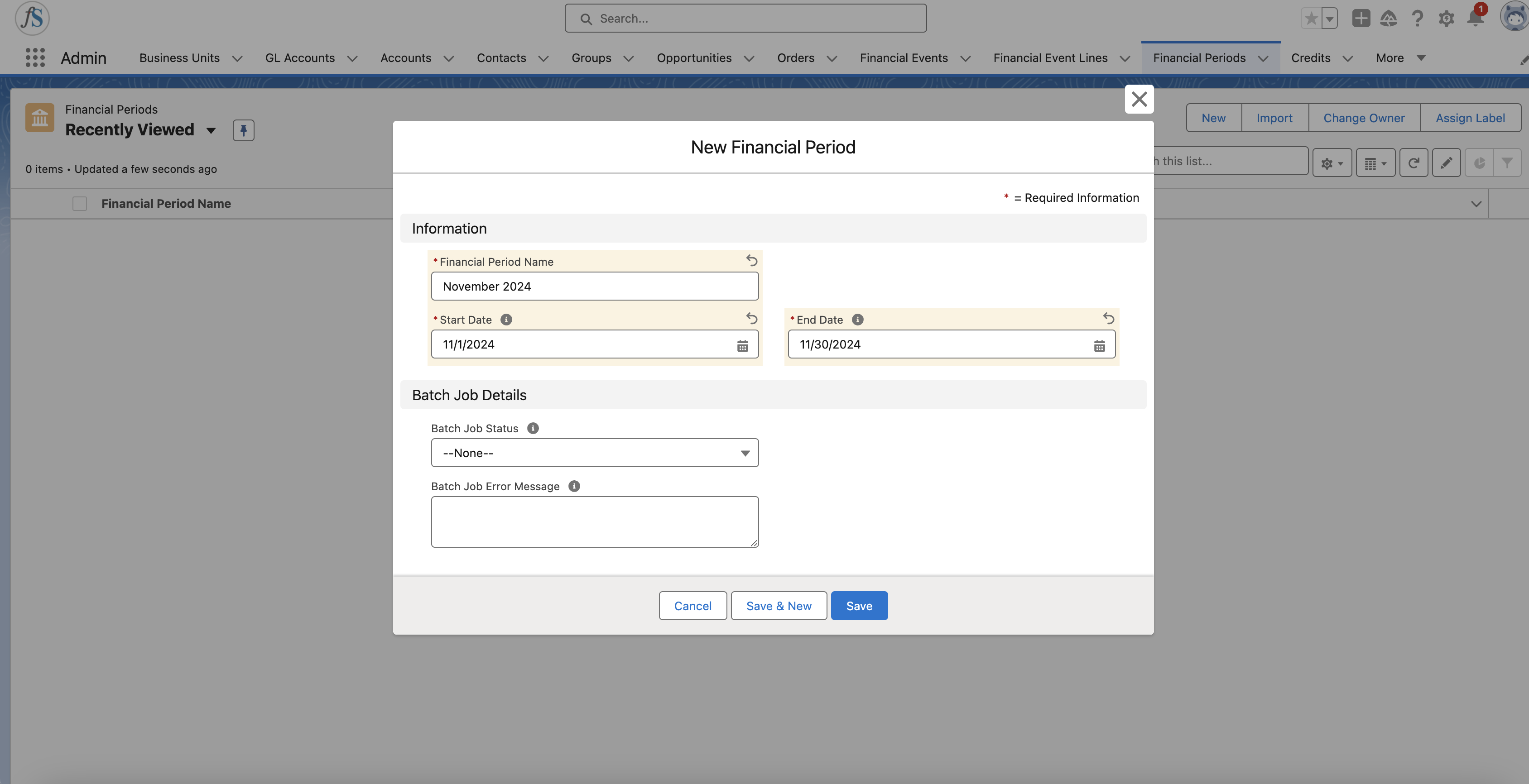 New Financial Period record with start and end dates filled in